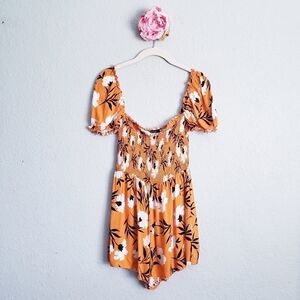 Olivaceous Orange Floral Off Shoulder Smocked Romper